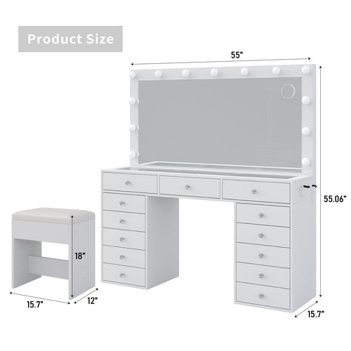 13-Drawer LED Mirror Vanity Desk - Vektaya